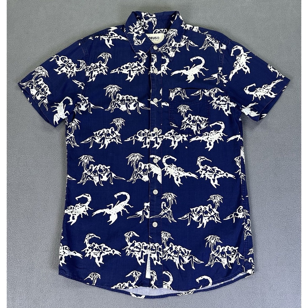 DEUS Ex Machina Shirt Small Blue Hawaiian Scorpion Beach Surfer Resort Viscose - Picture 2 of 10